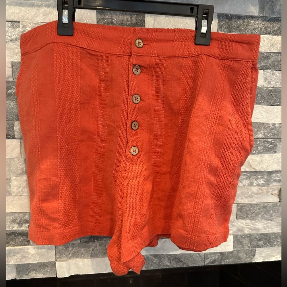 Free People High Waist Knit Shorts in Orange with Button Front